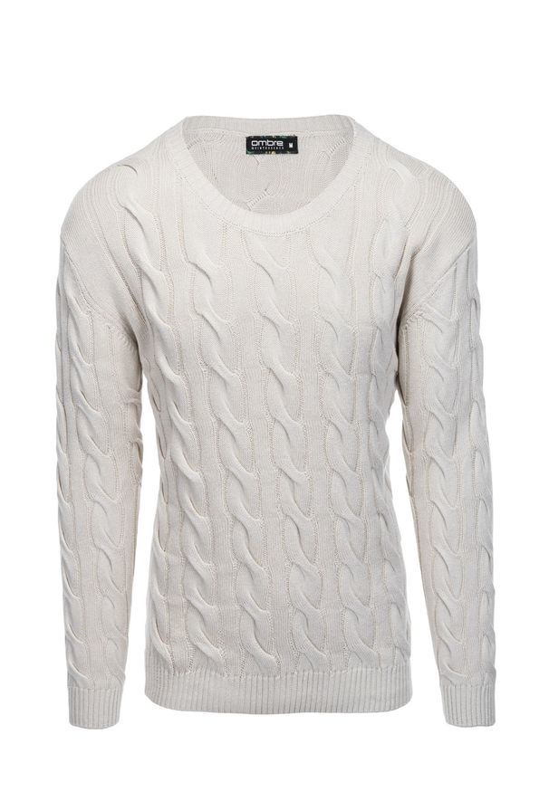 Ombre Clothing - Sweter męski z warkoczowym splotem - kremowy V1 E195 - XXL. Okazja: na co dzień. Kolor: biały. Materiał: jeans, bawełna, akryl. Wzór: ze splotem. Styl: klasyczny, elegancki, casual
