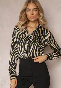 Renee - Jasnozielona Koszula z Animal Printem Deseris. Okazja: do pracy, na co dzień. Kolor: beżowy. Materiał: skóra. Wzór: nadruk. Styl: casual