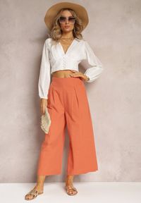 Renee - Pomarańczowe Szerokie Spodnie z Gumką w Pasie Vithan. Kolor: pomarańczowy. Materiał: tkanina, bawełna #4