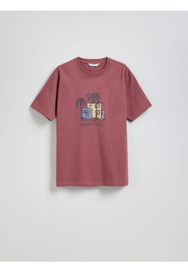 Reserved - T-shirt comfort z nadrukiem - bordowy. Kolor: czerwony. Materiał: bawełna, dzianina. Wzór: nadruk