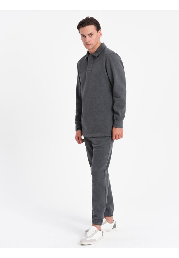 Ombre Clothing - Komplet męski dresowy bluza z kołnierzem polo + spodnie - grafitowy melanż V1. Typ kołnierza: polo. Kolor: szary. Materiał: dresówka. Wzór: melanż