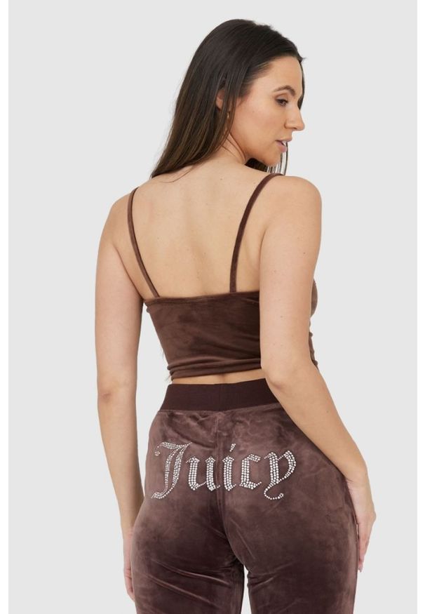 Juicy Couture - JUICY COUTURE Brązowy welurowy top z błyszczącym logo. Kolor: brązowy. Materiał: welur