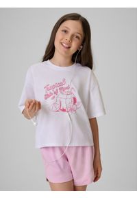 4f - 4F T-shirt loose crop top z nadrukiem dziewczęcy - biały 146/152 (10-12 lat). Okazja: na uczelnię, na co dzień, na spacer. Kolor: biały. Materiał: materiał, bawełna, skóra, dzianina. Długość: krótkie. Wzór: nadruk. Sezon: lato. Styl: casual #1