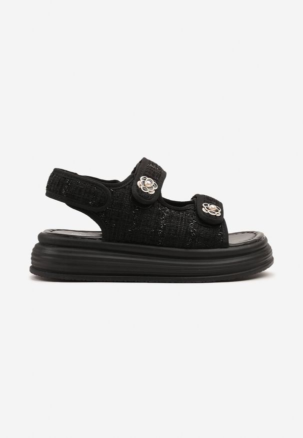 Born2be - Czarne Tweedowe Sandały na Grubej Podeszwie Odive. Okazja: na co dzień. Zapięcie: rzepy. Kolor: czarny. Materiał: jeans. Styl: klasyczny, casual