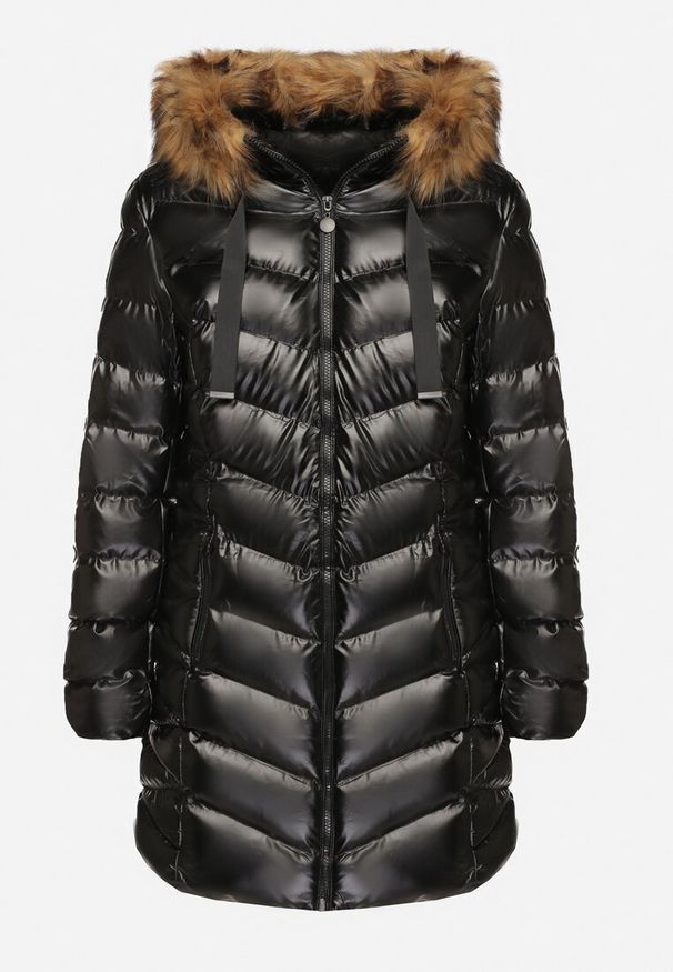 Born2be - Czarno-Brązowa Długa Pikowana Kurtka z Odpinanym Futerkiem i Sznurkami Rinnarae. Okazja: na co dzień, na spacer. Typ kołnierza: kaptur. Kolor: czarny. Materiał: futro. Długość: długie. Styl: casual, elegancki