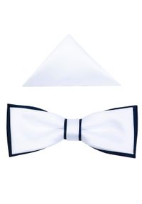 Modini - Biało-granatowa gładka mucha męska slim B60. Kolor: biały, wielokolorowy, niebieski. Materiał: poliester, tkanina. Wzór: gładki. Styl: elegancki #1