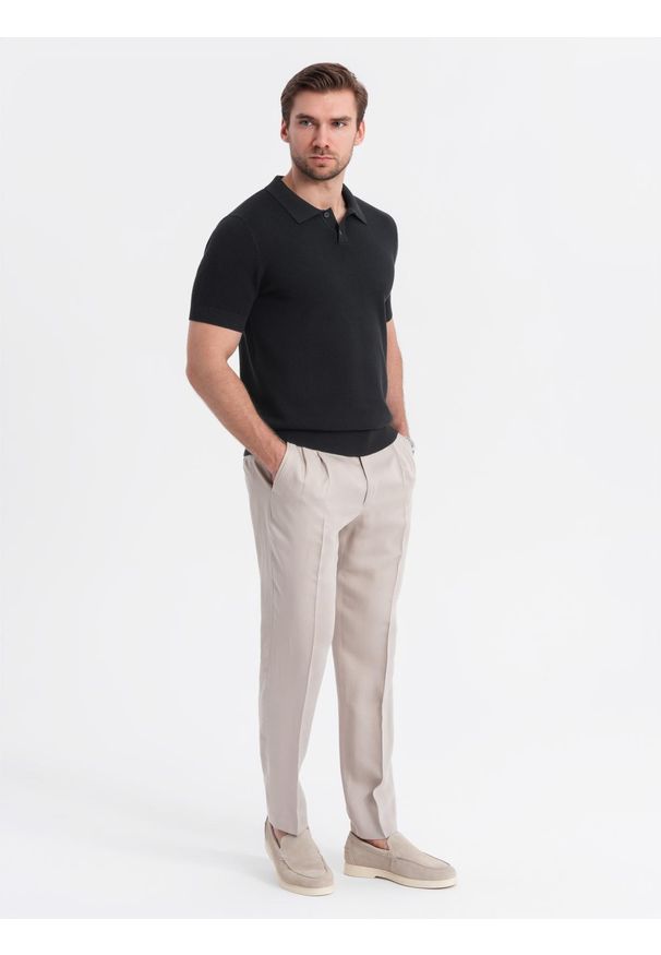 Ombre Clothing - Bawełniana męska koszulka polo ze strukturalnej dzianiny – czarna V5 OM-POSS-0117 - XXL. Okazja: na co dzień, do pracy. Typ kołnierza: polo. Kolor: czarny. Materiał: dzianina, bawełna. Długość: krótkie. Styl: elegancki, casual