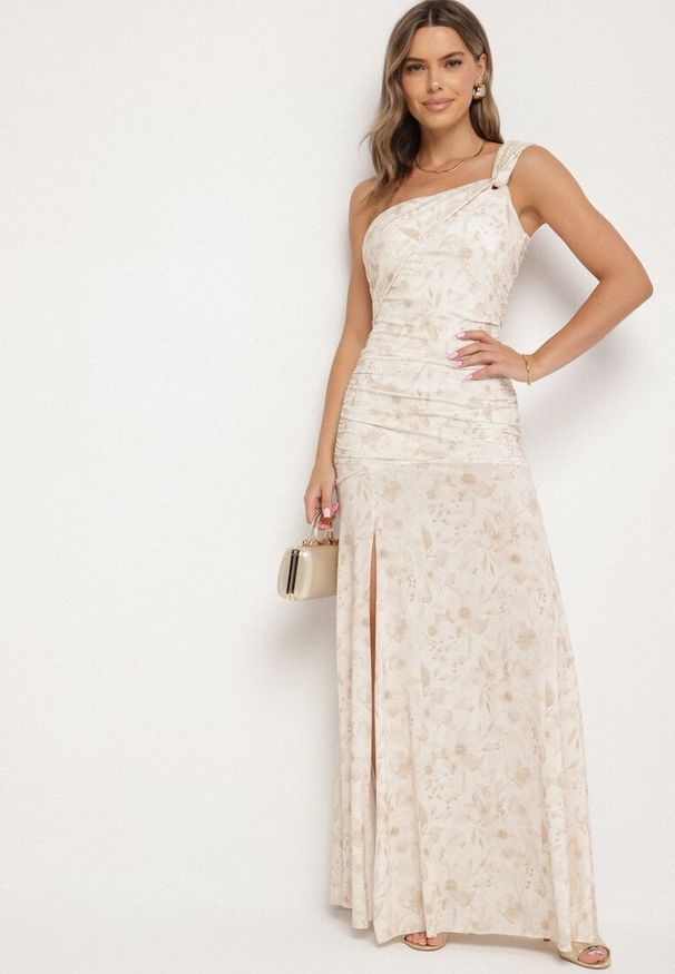Born2be - Beżowa Taliowana Sukienka na Jedno Ramię w Kwiatowy Wzór Melanisea. Kolor: beżowy. Wzór: kwiaty. Styl: elegancki