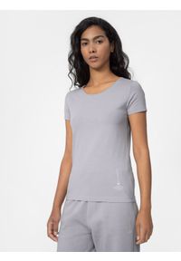 4f - T-shirt slim z bawełną organiczną damski. Kolor: szary. Materiał: bawełna. Wzór: nadruk