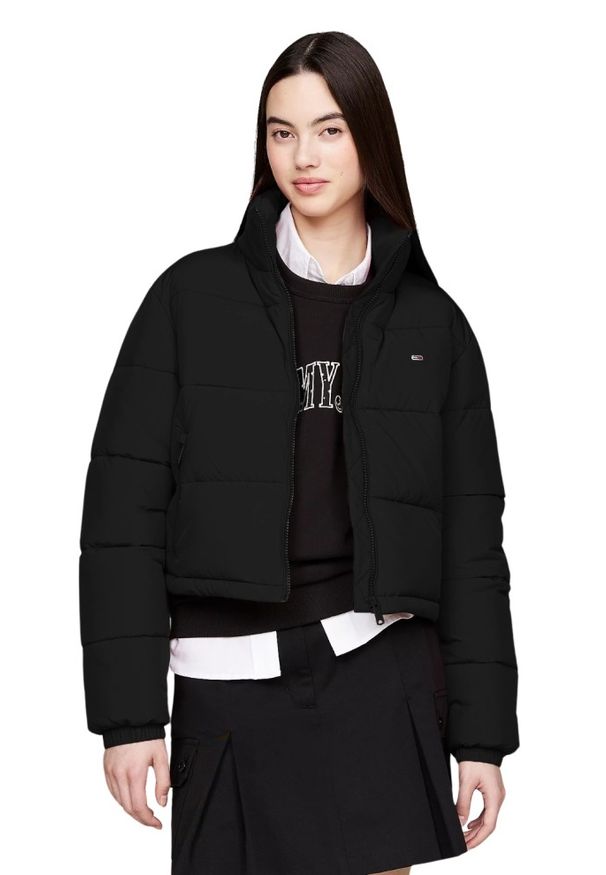 Tommy Jeans - TOMMY JEANS Czarna kurtka damska z drobnym logo, Rozmiar L. Okazja: na co dzień. Kolor: czarny. Materiał: poliester, syntetyk. Styl: casual, elegancki