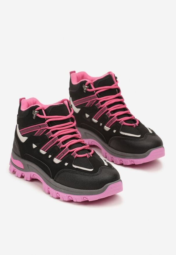 Renee - Czarno-Fuksjowe Buty Trekkingowe Traperki Vices ze Sznurowaną Cholewką Afellie. Kolor: czarny. Szerokość cholewki: normalna