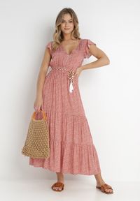 Born2be - Czerwona Sukienka Tudanna. Typ kołnierza: dekolt w kształcie V. Kolor: różowy. Materiał: tkanina, materiał. Wzór: ażurowy, aplikacja, kwiaty. Długość: maxi #3