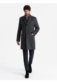Ombre Clothing - Długi rozpinany męski płaszcz z wełną – grafitowy V2. Kolor: szary. Materiał: wełna. Długość: długie. Sezon: zima. Styl: elegancki