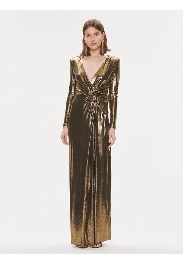 Nissa Sukienka wieczorowa RS14413 Złoty Slim Fit. Kolor: złoty. Materiał: syntetyk. Styl: wizytowy