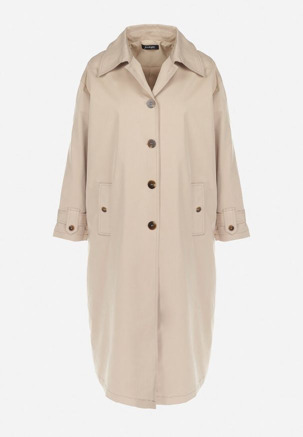 Born2be - Beżowy Płaszcz Trencz Oversize na Guziki Kalei. Kolor: beżowy