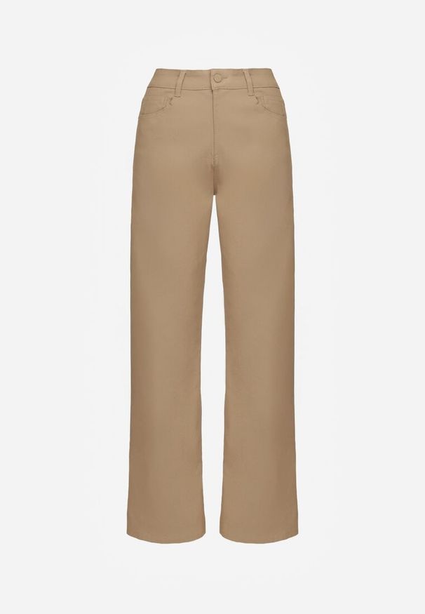 Renee - Beżowe Spodnie Woskowane o Szerokim Kroju High Waist Sezila. Okazja: na co dzień. Stan: podwyższony. Kolor: beżowy. Styl: casual