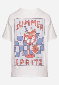 Born2be - Biało-Niebieski Bawełniany T-shirt Typu Oversize z Nadrukiem i Napisem Fillana. Okazja: na co dzień. Kolor: biały. Materiał: bawełna. Wzór: napisy, nadruk. Styl: casual #6