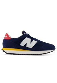 Buty męskie New Balance MS237VI – granatowe. Okazja: na co dzień. Kolor: niebieski. Materiał: skóra, guma, zamsz. Szerokość cholewki: normalna