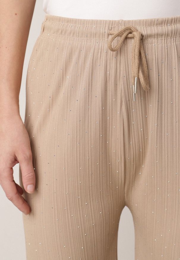 Born2be - Beżowe Szerokie Spodnie z Bawełną Zdobione Cyrkoniami Azilene. Okazja: na co dzień. Stan: podwyższony. Kolor: beżowy. Materiał: bawełna. Wzór: aplikacja. Styl: casual, klasyczny