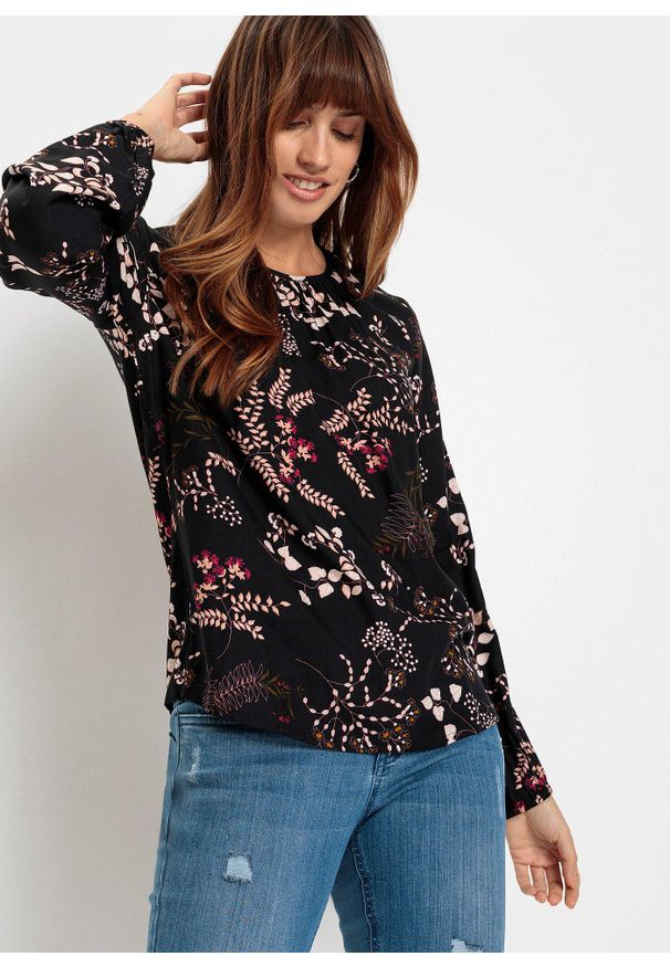 bonprix - Bluzka ze zrównoważonej wiskozy. Kolor: czarny. Materiał: wiskoza. Wzór: nadruk