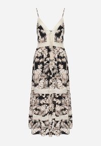 Born2be - Czarna Bawełniana Sukienka Rozkloszowana z Koronką w Tropikalny Wzór Alusela. Okazja: na co dzień. Typ kołnierza: dekolt w serek. Kolor: czarny. Materiał: bawełna, koronka. Długość rękawa: na ramiączkach. Wzór: koronka. Typ sukienki: rozkloszowane. Styl: casual, elegancki #2