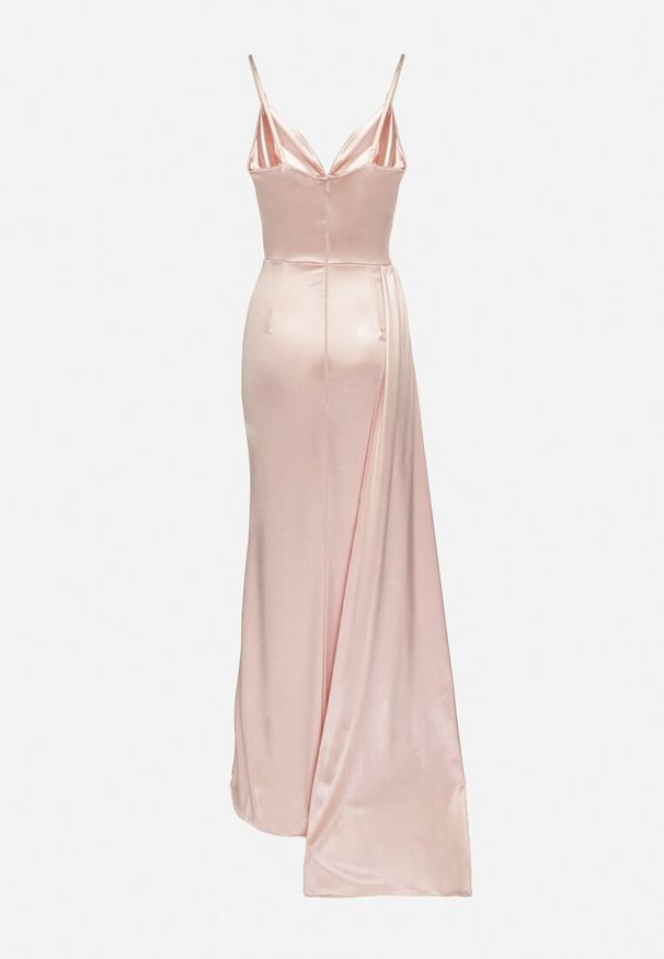 Born2be - Różowa Sukienka Satynowa z Trenem na Ramiączkach i Rozcięciem na Nogę Lisandoria. Okazja: na ślub cywilny, na imprezę, na wesele. Kolor: różowy. Materiał: satyna. Długość rękawa: na ramiączkach. Styl: elegancki