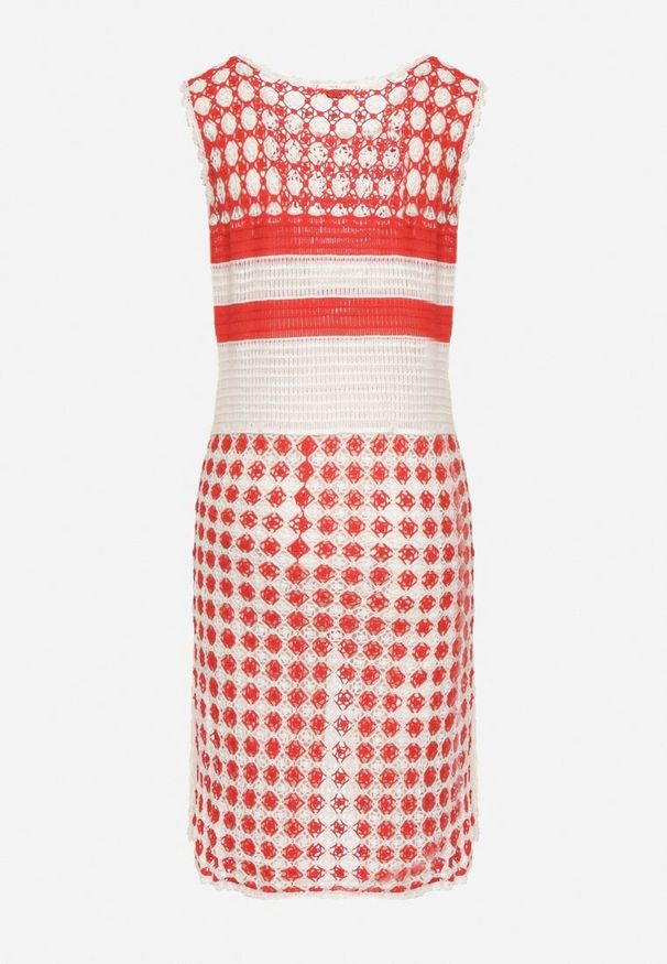 Born2be - Biało-Czerwona Dopasowana Sukienka z Bawełny o Ażurowym Wykończeniu bez Rękawów Balmalia. Okazja: na co dzień, na imprezę. Kolor: biały. Materiał: bawełna. Długość rękawa: bez rękawów. Wzór: ażurowy. Typ sukienki: dopasowane, proste. Styl: wakacyjny, casual, elegancki, wizytowy
