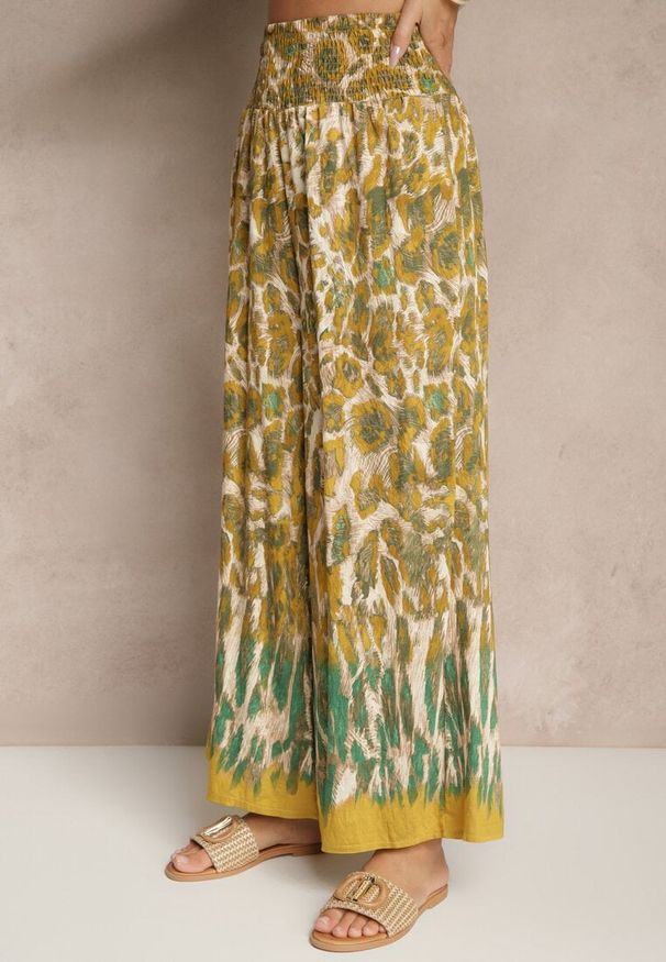 Renee - Beżowo-Żółte Szerokie Spodnie z Wiskozy High Waist Ellirelle. Okazja: na co dzień. Stan: podwyższony. Kolor: beżowy. Materiał: wiskoza. Styl: casual, elegancki