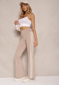 Renee - Beżowe Legginsy Flare High Waist z Marszczeniem i Lampasami Kirsena. Okazja: na co dzień. Stan: podwyższony. Kolor: beżowy. Styl: elegancki, casual #4