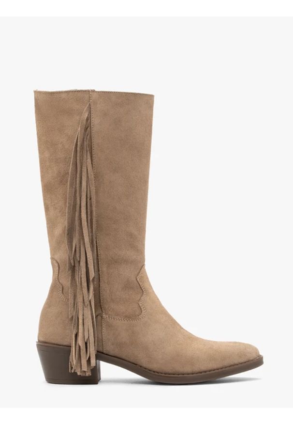 Ryłko - Piaskowe kozaki boho z frędzlami. Zapięcie: zamek. Kolor: beżowy. Materiał: welur, skóra. Szerokość cholewki: normalna. Obcas: na obcasie. Styl: boho. Wysokość obcasa: średni