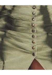 RETROFETE - Zielona drapowana spódnica Willa. Stan: podwyższony. Kolor: zielony. Materiał: jeans, bawełna. Wzór: aplikacja #2