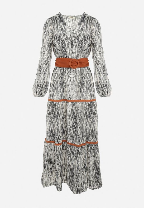 Born2be - Szara Sukienka z Gumką w Pasie Hosse. Okazja: na spacer, na randkę. Kolor: szary. Materiał: tkanina, materiał. Długość rękawa: długi rękaw. Typ sukienki: rozkloszowane. Długość: maxi