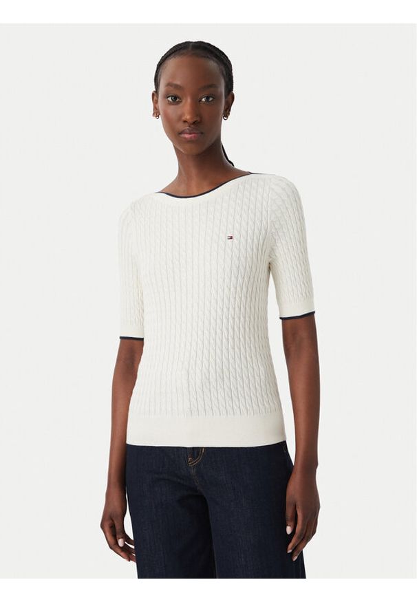 TOMMY HILFIGER - Tommy Hilfiger Bluzka Fine Gg Cable Boat WW0WW50103 Beżowy jasny Regular Fit. Kolor: beżowy. Materiał: bawełna