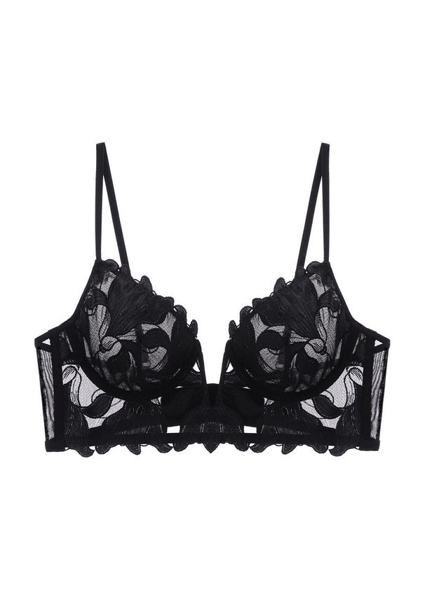 Intica - Koronkowa braletka z fiszbinami regulowane ramiączka elegancki styl Waltraude. Kolor: czarny. Materiał: koronka. Rodzaj stanika: biustonosz z fiszbinami. Wzór: koronka