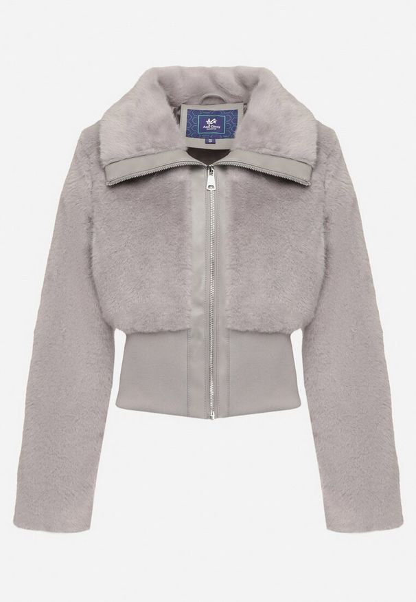 Born2be - Szara Krótka Futrzana Kurtka z Elastycznym Ściągaczem i Kołnierzem Semaline. Kolor: szary. Materiał: futro. Długość: krótkie. Sezon: zima. Styl: elegancki