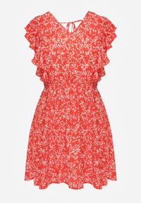 Renee - Czerwona Sukienka Elefa. Typ kołnierza: kołnierz z falbankami. Kolor: czerwony. Długość rękawa: krótki rękaw. Wzór: kwiaty, aplikacja. Sezon: lato. Długość: mini #5