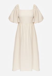 Born2be - Beżowa Rozkloszowana Sukienka Midi z Bufiastymi Rękawami i Kwadratowym Dekoltem Ceania. Okazja: na co dzień. Typ kołnierza: dekolt kwadratowy. Kolor: beżowy. Wzór: gładki. Typ sukienki: proste. Materiał: tkanina. Sezon: lato. Styl: casual, elegancki. Długość: midi #7