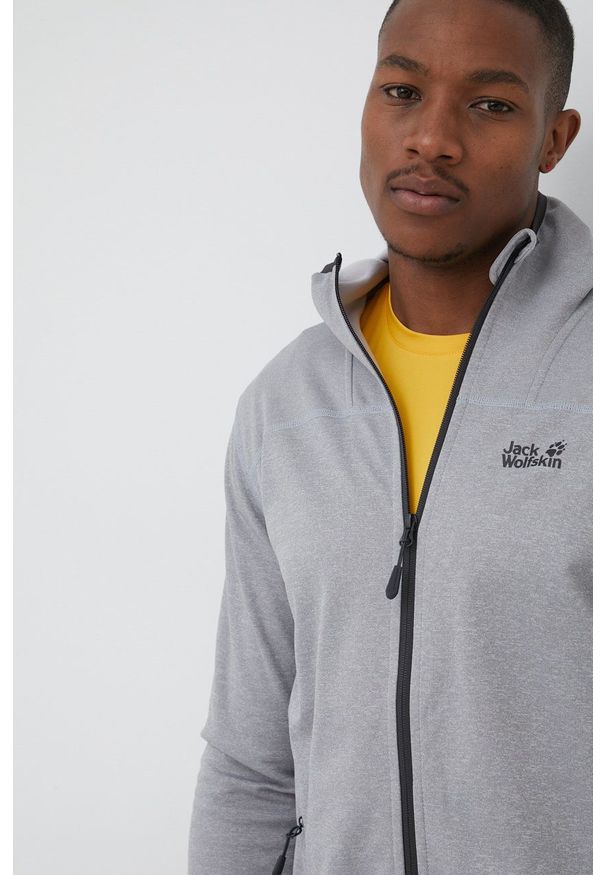 Jack Wolfskin bluza sportowa Horizon męska kolor szary z kapturem melanżowa. Typ kołnierza: kaptur. Kolor: szary. Materiał: polar, materiał, skóra. Wzór: melanż. Styl: sportowy
