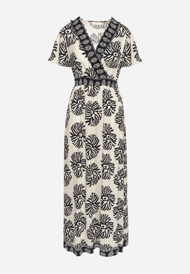 Born2be - Niebieska Wiskozowa Sukienka Rozkloszowana z Kopertowym Dekoltem w Boho Wzór Paldena. Okazja: na imprezę, na co dzień. Typ kołnierza: dekolt kopertowy. Kolor: niebieski. Materiał: wiskoza. Wzór: aplikacja. Sezon: lato. Typ sukienki: kopertowe. Styl: boho