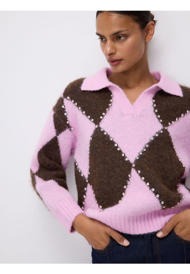 Reserved - Sweter polo w romby - wielobarwny. Typ kołnierza: polo. Materiał: wełna, dzianina