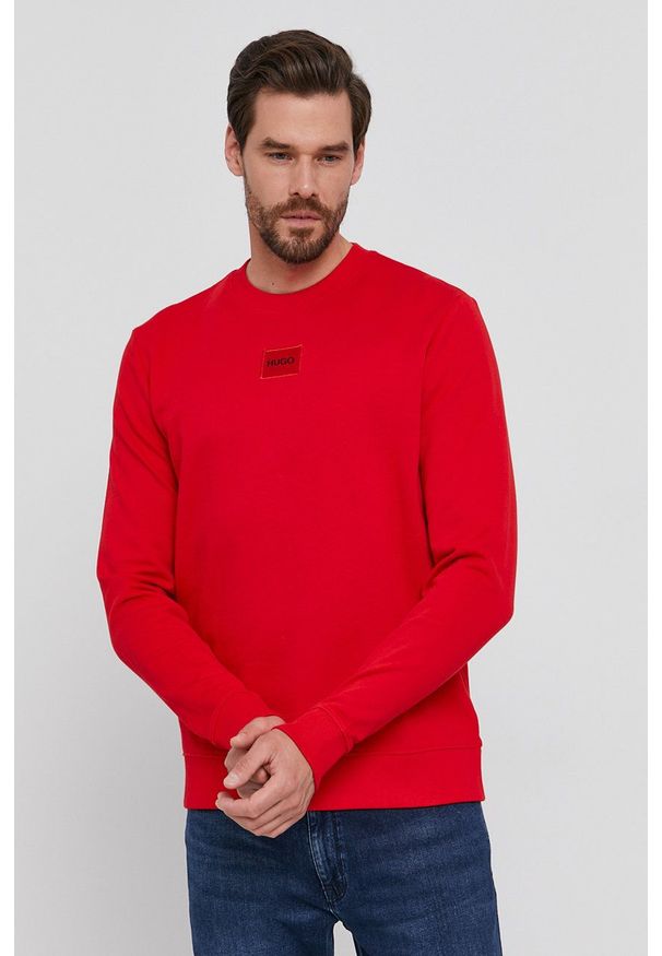 Hugo - HUGO bluza bawełniana męska kolor czerwony. Kolor: czerwony. Materiał: bawełna. Wzór: aplikacja