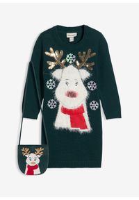 bonprix - Sukienka dzianinowa z torebką (komplet 2-cz.). Kolekcja: plus size. Kolor: zielony. Materiał: dzianina. Styl: wizytowy #1