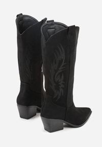 Born2be - Czarne Kozaki Kowbojki na Stożkowym Obcasie z Haftowaną Cholewką Nallissea. Okazja: na co dzień. Kolor: czarny. Materiał: skóra, jeans. Szerokość cholewki: normalna. Wzór: haft. Obcas: na obcasie. Styl: casual. Wysokość obcasa: średni #3