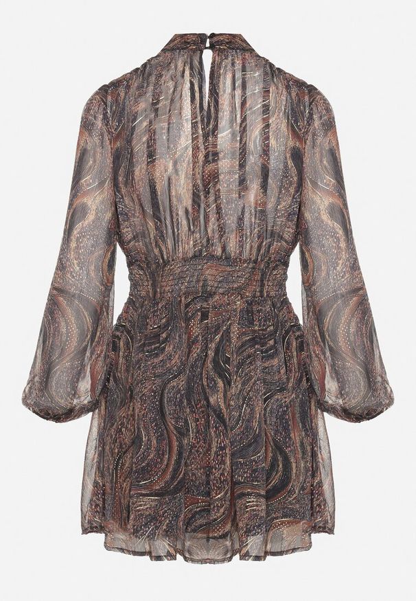 Born2be - Czarno-Beżowa Rozkloszowana Sukienka Taliowana ze Stójką i Transparentnymi Rękawami Labran. Okazja: na co dzień. Typ kołnierza: kołnierzyk stójkowy. Kolor: czarny. Typ sukienki: rozkloszowane. Styl: elegancki, casual