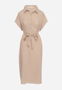 Born2be - Ciemnobeżowa Sukienka z Wiskozy o Koszulowym Kroju z Wiązanym Paskiem Danisna. Okazja: na co dzień. Kolor: beżowy. Materiał: wiskoza. Długość rękawa: krótki rękaw. Wzór: aplikacja. Typ sukienki: koszulowe. Styl: elegancki, casual, klasyczny. Długość: midi #6