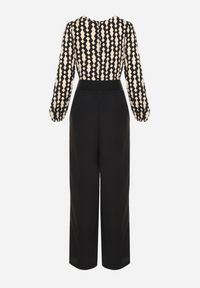 Born2be - Czarno-Beżowy Wzorzysty Kombinezon Kopertowy z Prostymi Nogawkami i Elastycznym Paskiem Tinadorae. Okazja: na co dzień. Kolor: czarny. Materiał: tkanina. Długość rękawa: długi rękaw. Długość: długie. Styl: elegancki, casual #5