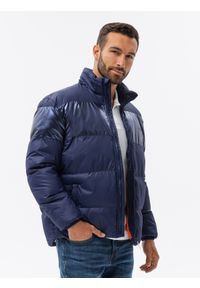 Ombre Clothing - Kurtka męska zimowa z kontrastową podszewką - ciemnoniebieska V1 - Rozmiar: L. Kolor: niebieski. Materiał: nylon, poliester, materiał. Sezon: zima