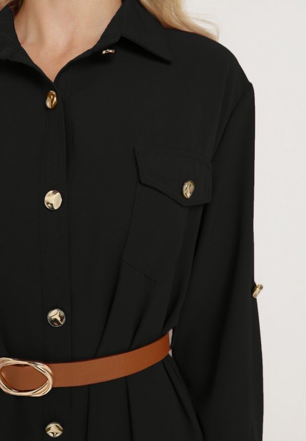 Born2be - Czarna Sukienka Koszulowa z Regulowanymi Rękawami i Paskiem w Talii Esarivia. Okazja: na co dzień, na spotkanie biznesowe. Kolor: czarny. Typ sukienki: koszulowe. Styl: wizytowy, biznesowy, casual