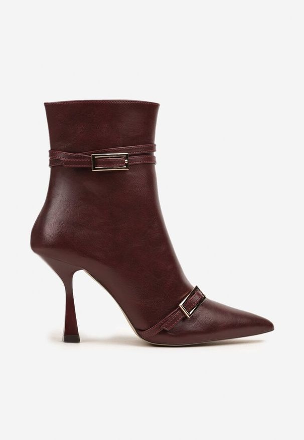 Renee - Bordowe Botki na Szpilce Ozdobione Klamrami i Paskami Locune. Okazja: na co dzień. Zapięcie: klamry. Kolor: czerwony. Materiał: jeans. Wzór: aplikacja. Obcas: na szpilce. Styl: elegancki, casual. Wysokość obcasa: średni
