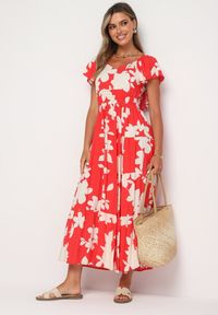 Born2be - Czerwono-Biała Wiskozowa Sukienka Rozkloszowana z Gumką w Talii Nansalinne. Okazja: na co dzień, na randkę. Typ kołnierza: dekolt w kształcie V. Kolor: czerwony. Materiał: wiskoza. Sezon: lato. Typ sukienki: rozkloszowane. Styl: klasyczny, casual #5